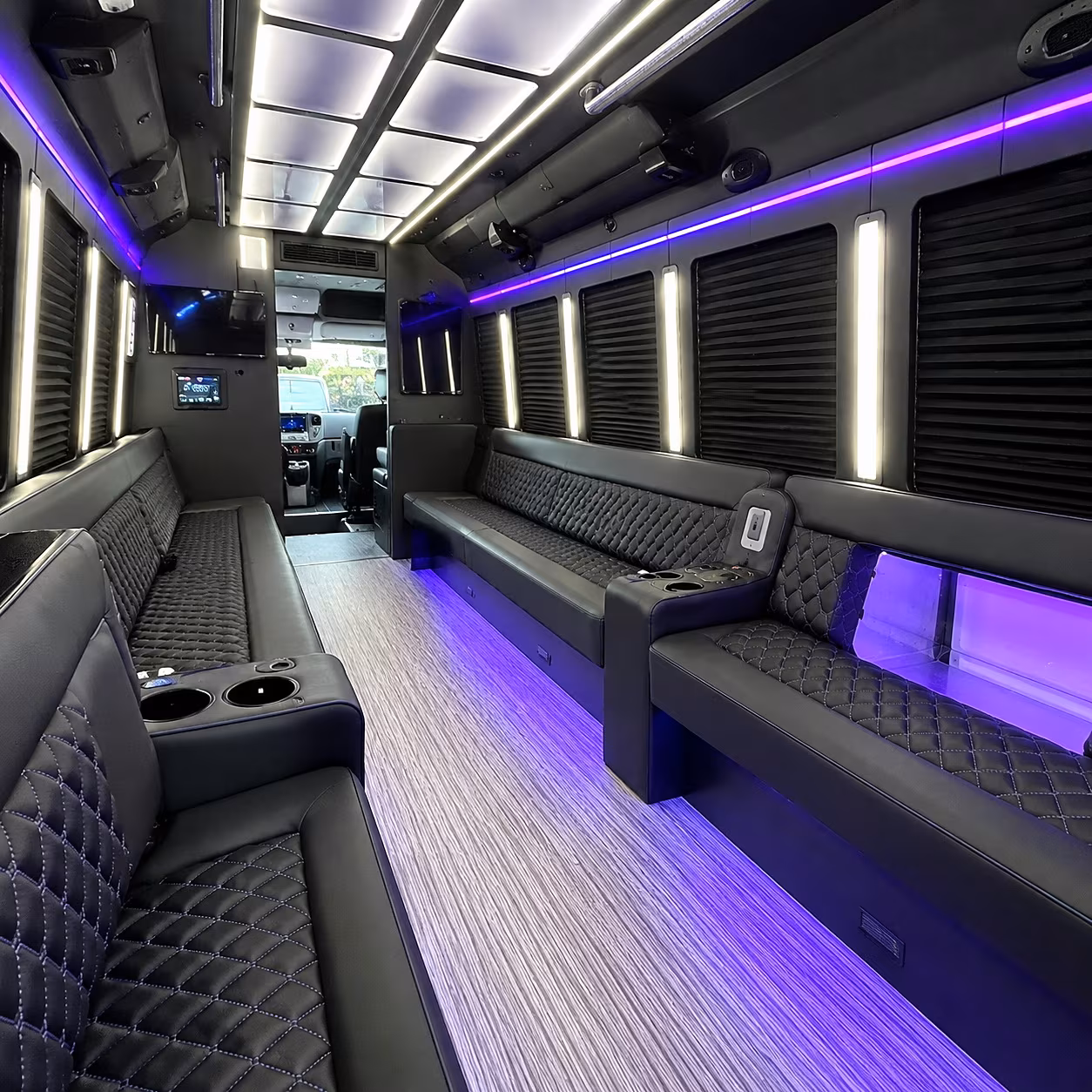 Passenger seating aboard a party bus rental serving Arlington